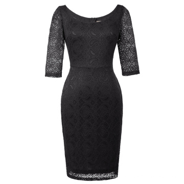 Kate Kasin Mujer 3/4 cuello de manga cuello Hips-Wrapped Negro Lace Bodycon lápiz vestido KK000506-1